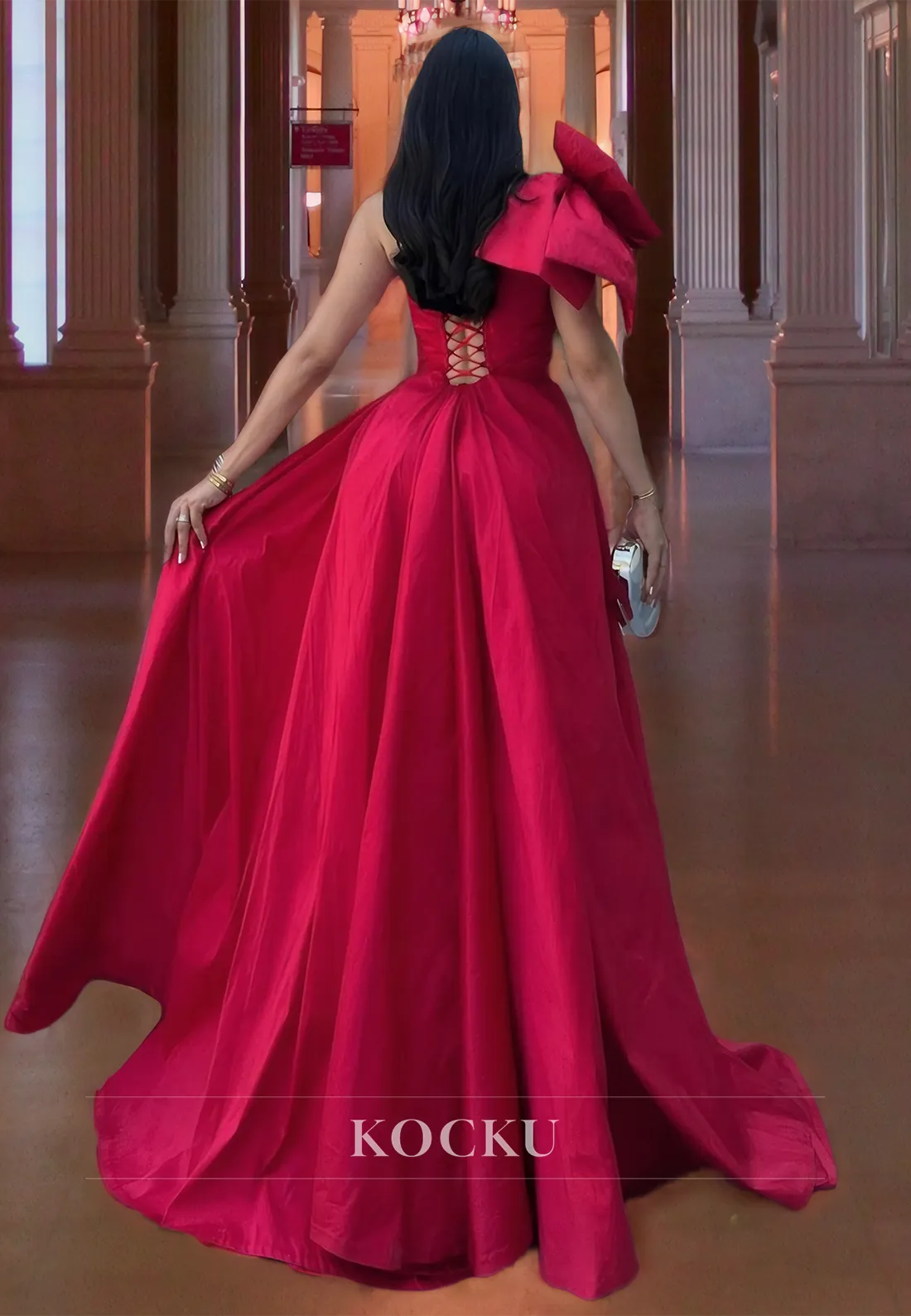 One Shoulder Sheath Sleeveless Split Bowknot Pleated Satin Formal Gowns with Overskirt Prom Dress