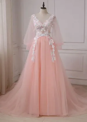 Pink Lace Applique V-neckline Long Prom Dress, Long Sleeves Fashionable Evening Gown