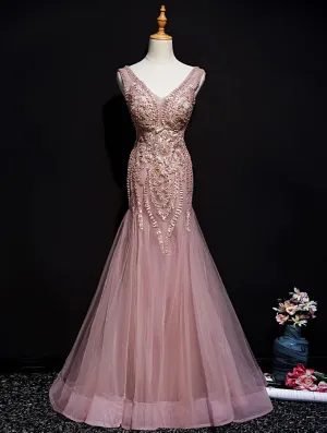 Pink Mermaid Tulle Long Evening Dress with Lace, V-neckline Floor Length Prom Dress