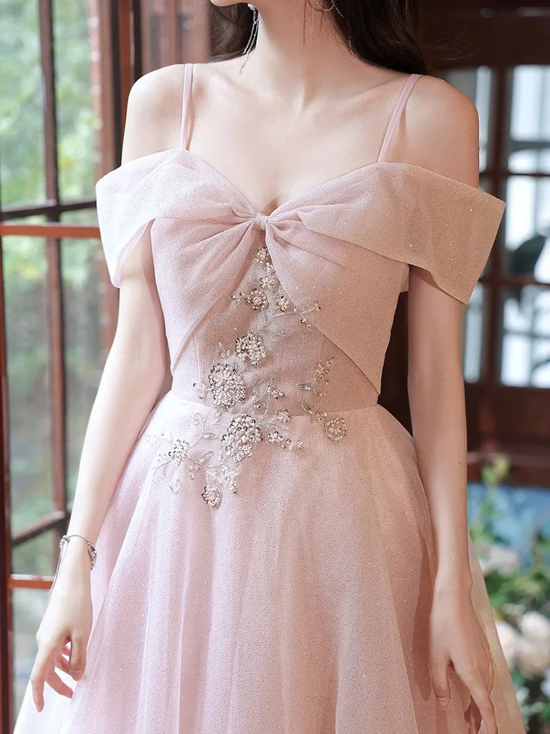 Pink off shoulder tulle long prom dress , pink tulle evening dress