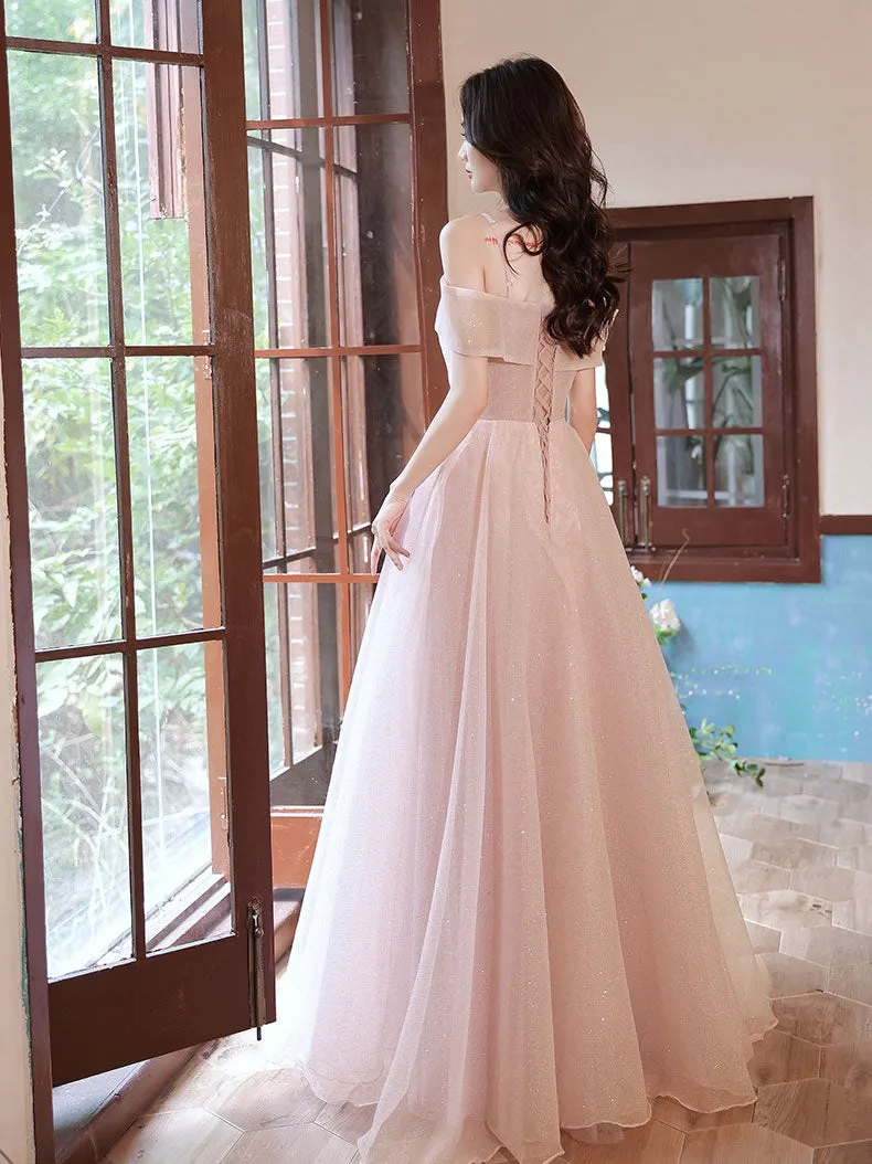 Pink off shoulder tulle long prom dress , pink tulle evening dress