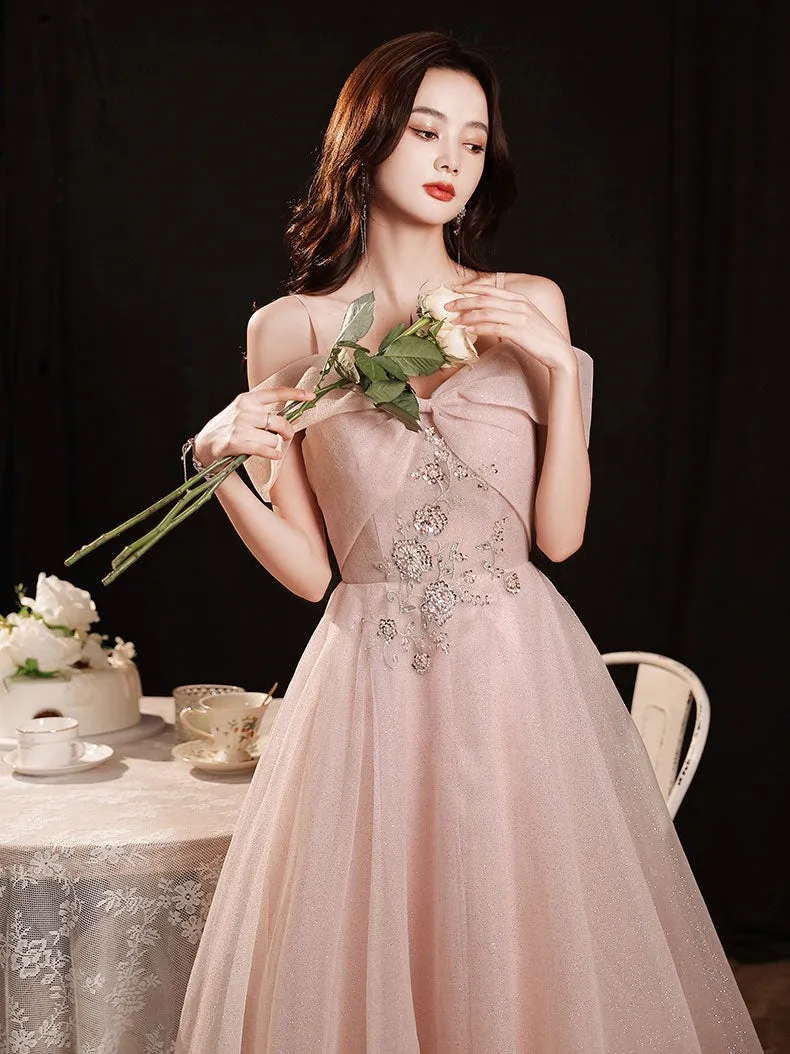 Pink off shoulder tulle long prom dress , pink tulle evening dress