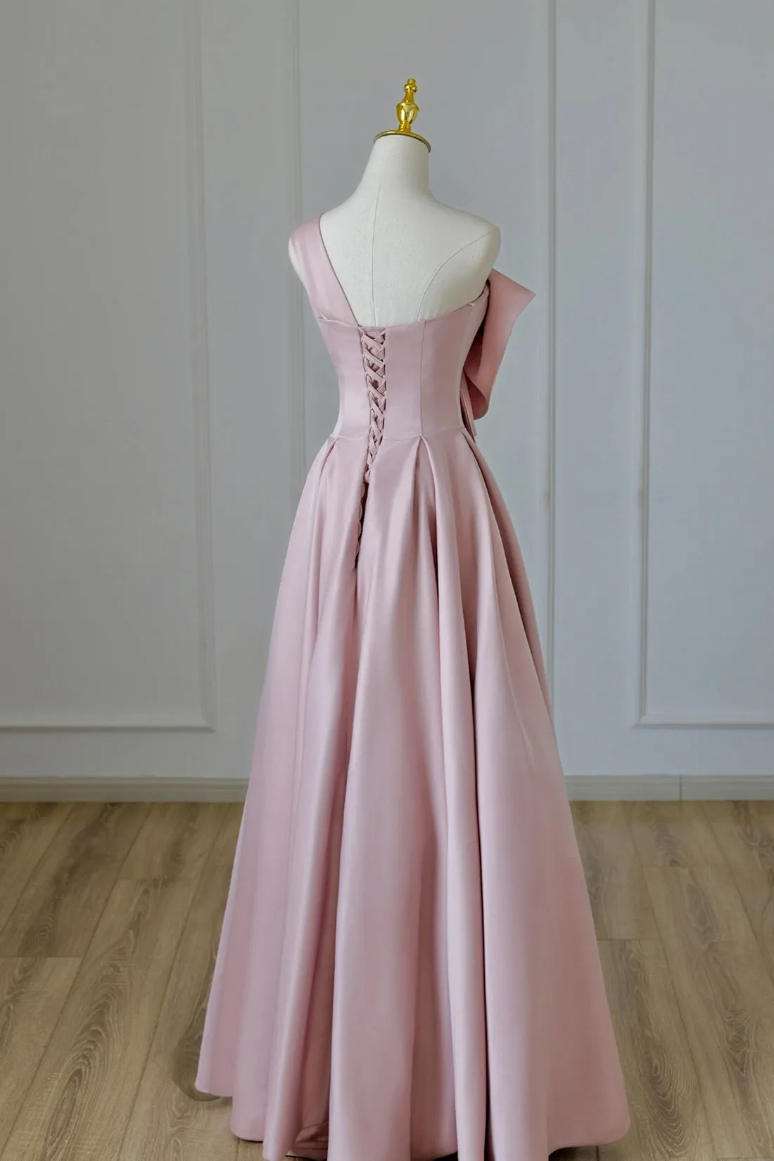 Pink Satin Long Prom Dress with Bow, One Shoulder Formal Evening Dress