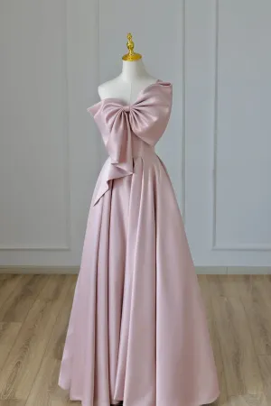 Pink Satin Long Prom Dress with Bow, One Shoulder Formal Evening Dress