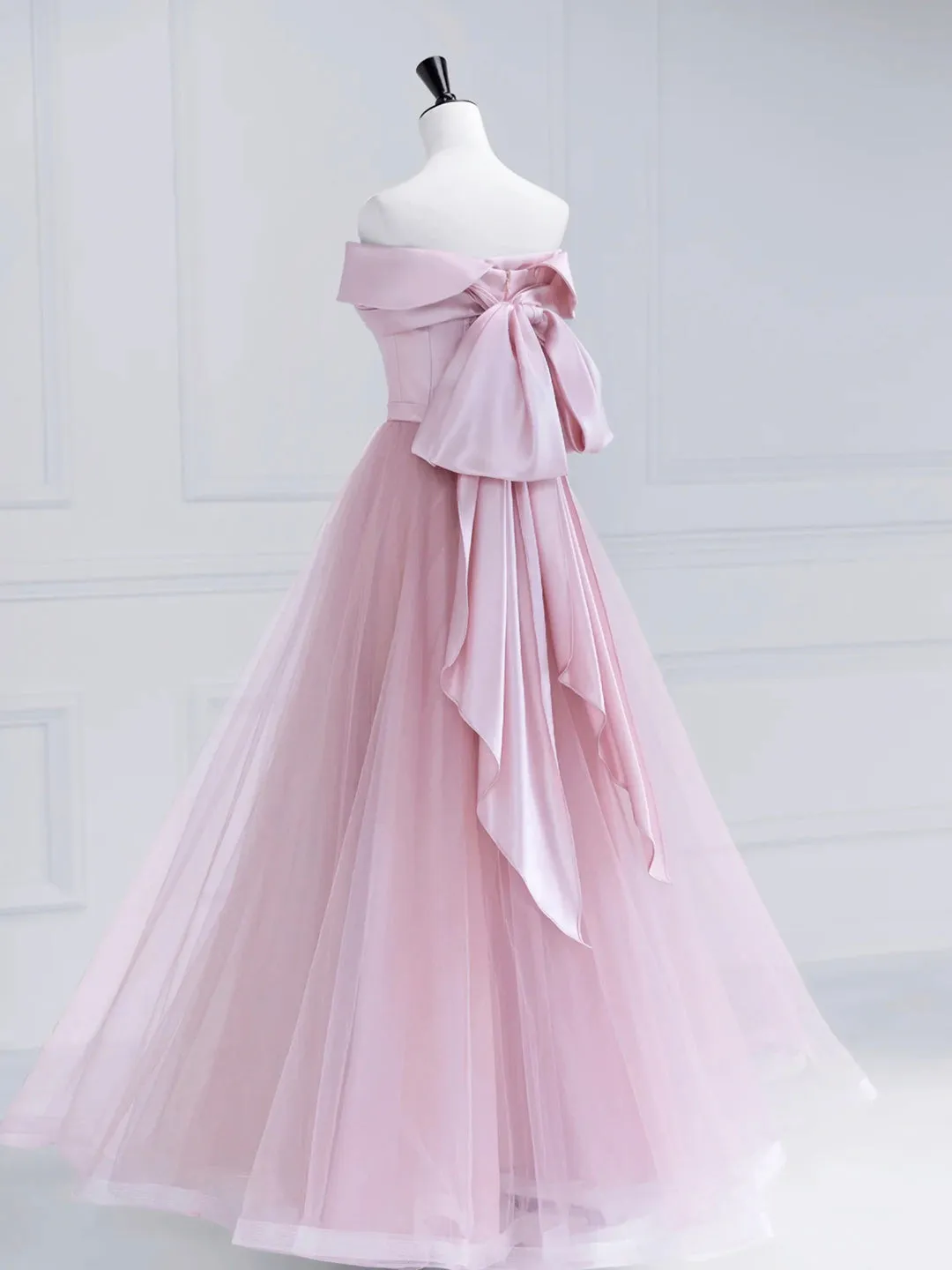 Pink Satin Tulle Long Prom Dress Pink Off Shoulder Evening Dress