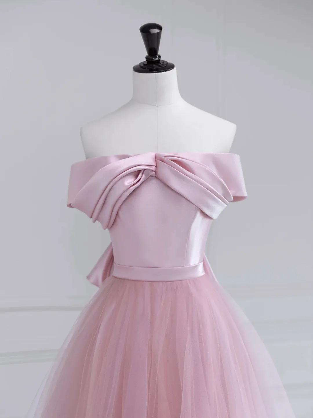 Pink Satin Tulle Long Prom Dress Pink Off Shoulder Evening Dress