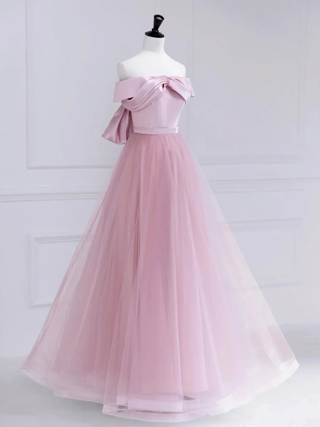 Pink Satin Tulle Long Prom Dress Pink Off Shoulder Evening Dress