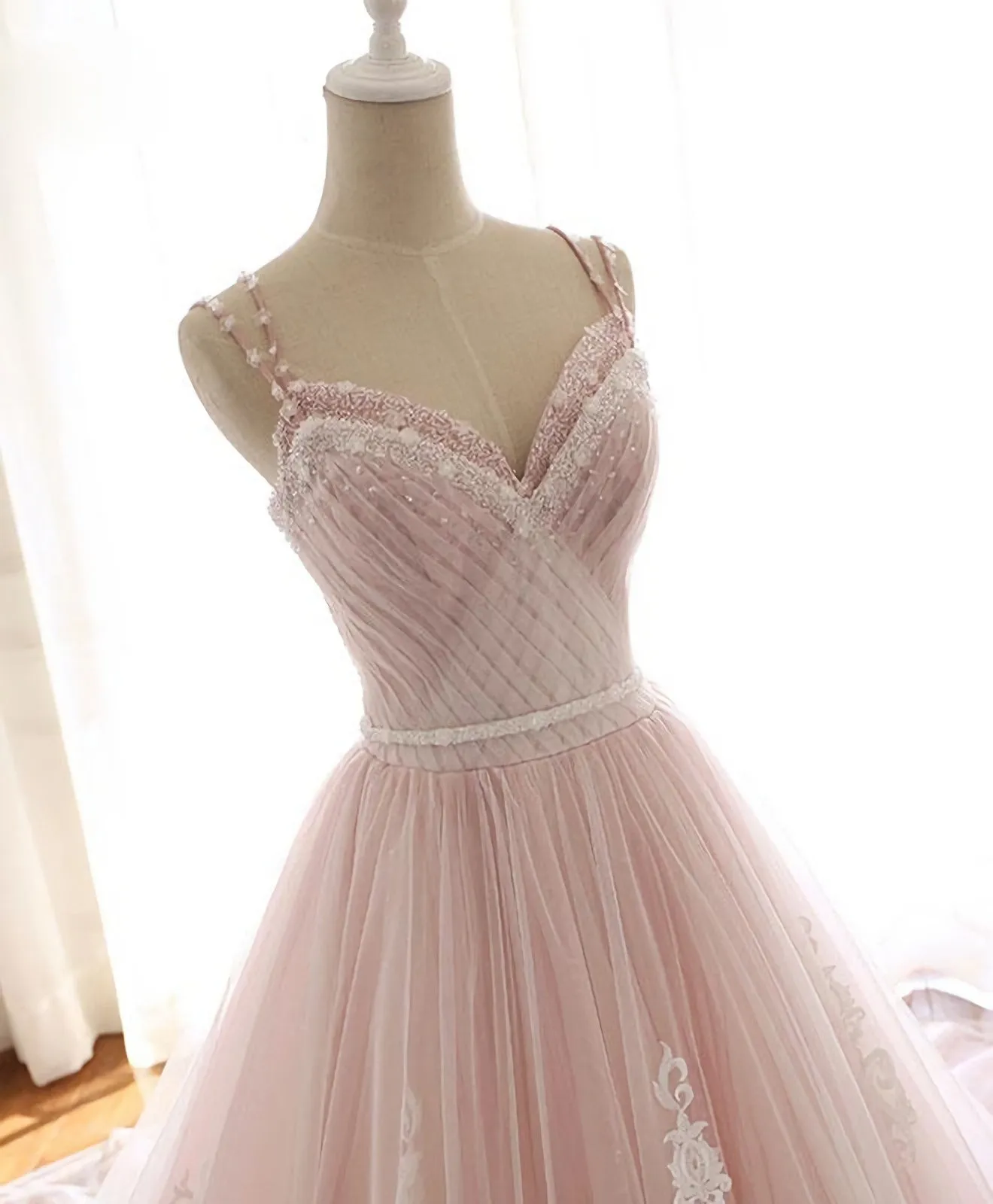 Pink Sweetheart Lace Tulle Long Prom Dress, Lace Pink Evening Dress