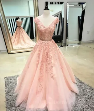 Pink v neck tulle lace applique long prom dress pink tulle evening dress