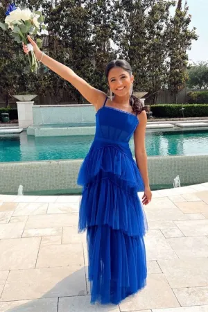 Princess Royal Blue Tiered Tulle Prom Dress for Graduation