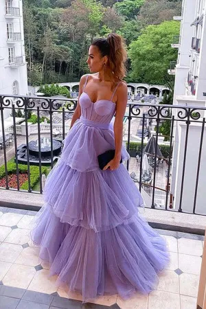 Purple Tulle A-line Spaghetti Straps Prom Dresses, Long Formal Dress,dresses for party events