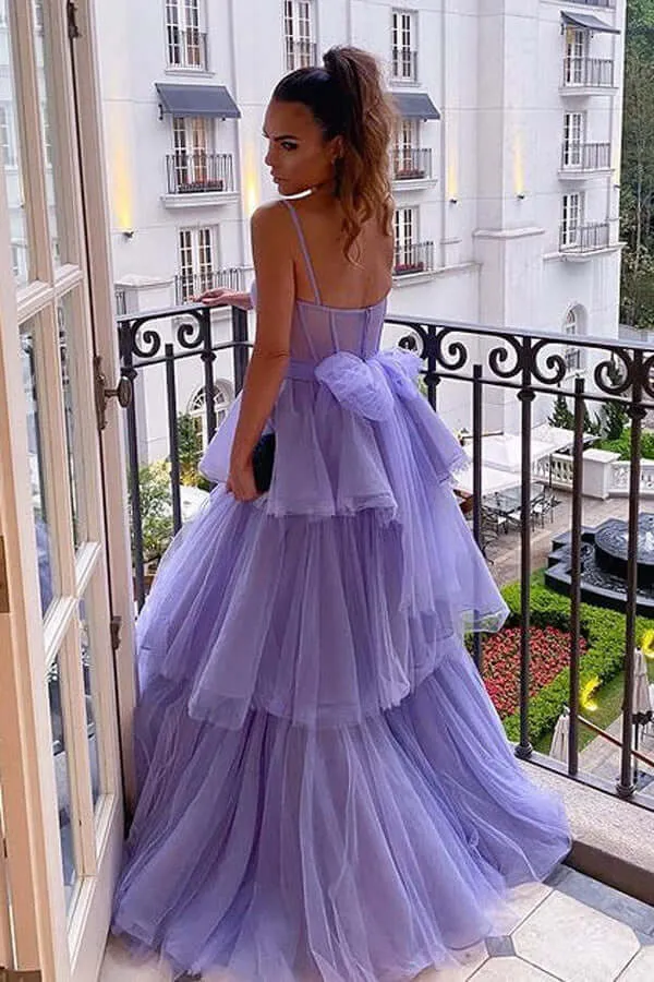 Purple Tulle A-line Spaghetti Straps Prom Dresses, Long Formal Dress,dresses for party events