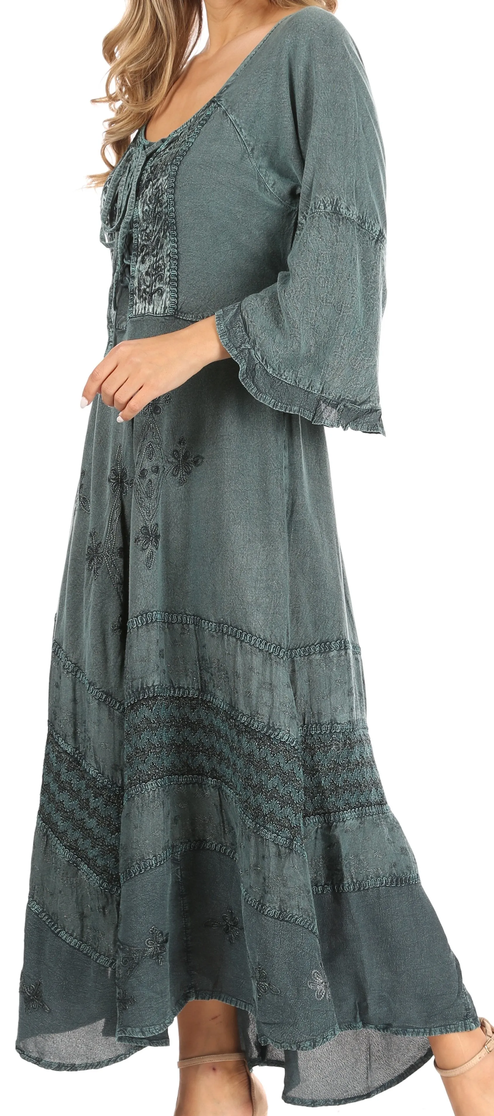 Sakkas Mirabel Stonewashed Corset Style Floral Emboridery Kimono Sleeve Dress