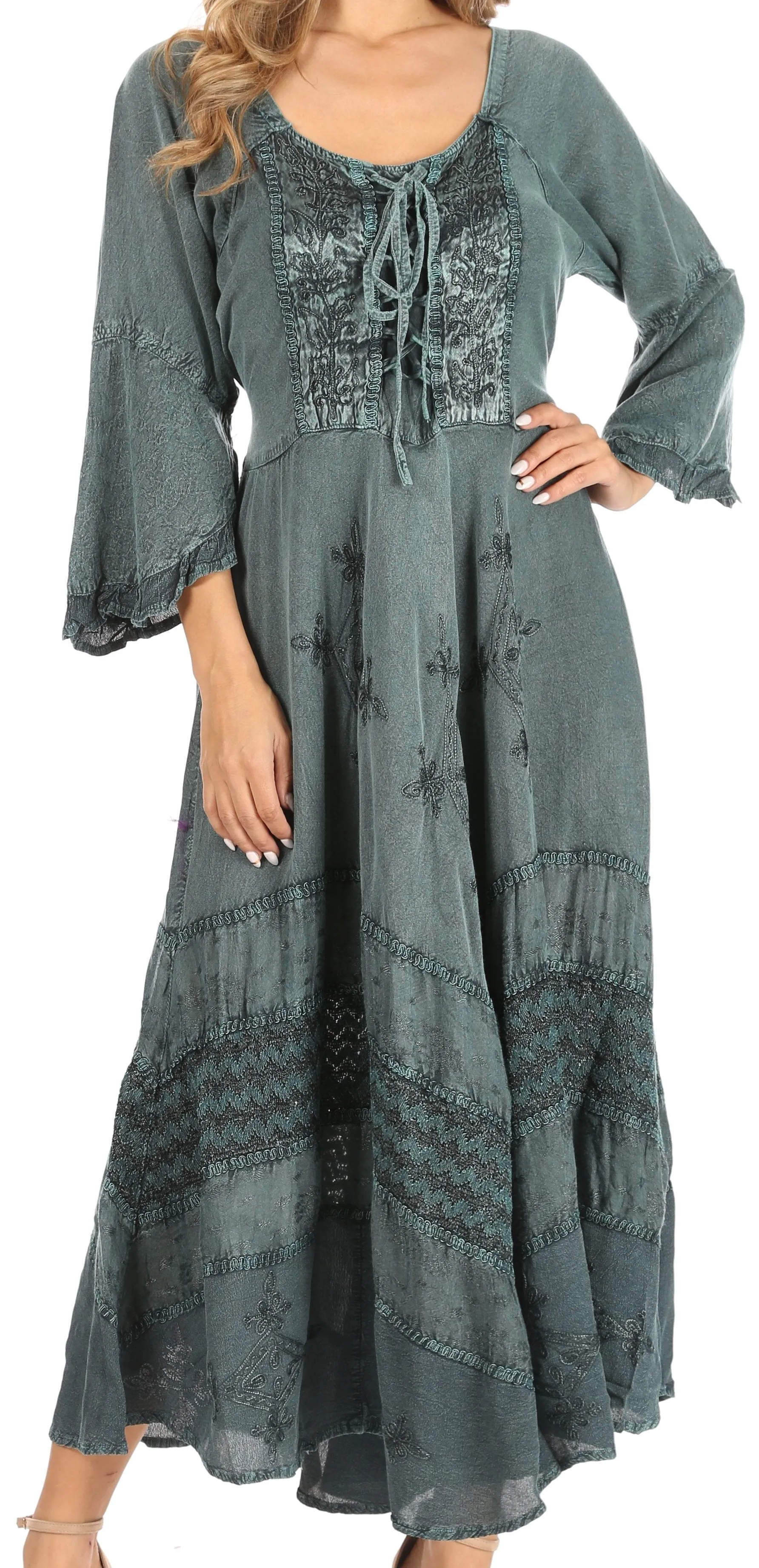 Sakkas Mirabel Stonewashed Corset Style Floral Emboridery Kimono Sleeve Dress