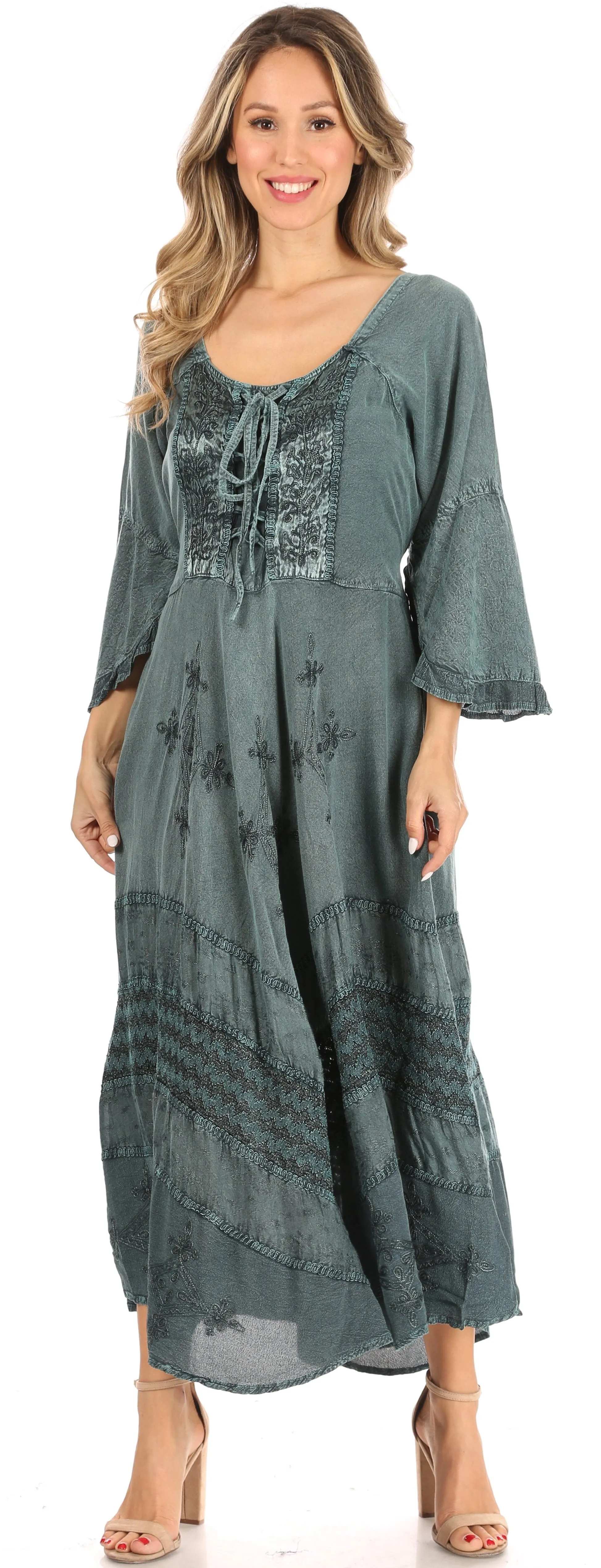 Sakkas Mirabel Stonewashed Corset Style Floral Emboridery Kimono Sleeve Dress