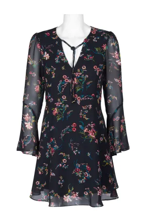 Sam Edelman String Neck Long Sleeve A-Line Floral Print Chiffon Dress