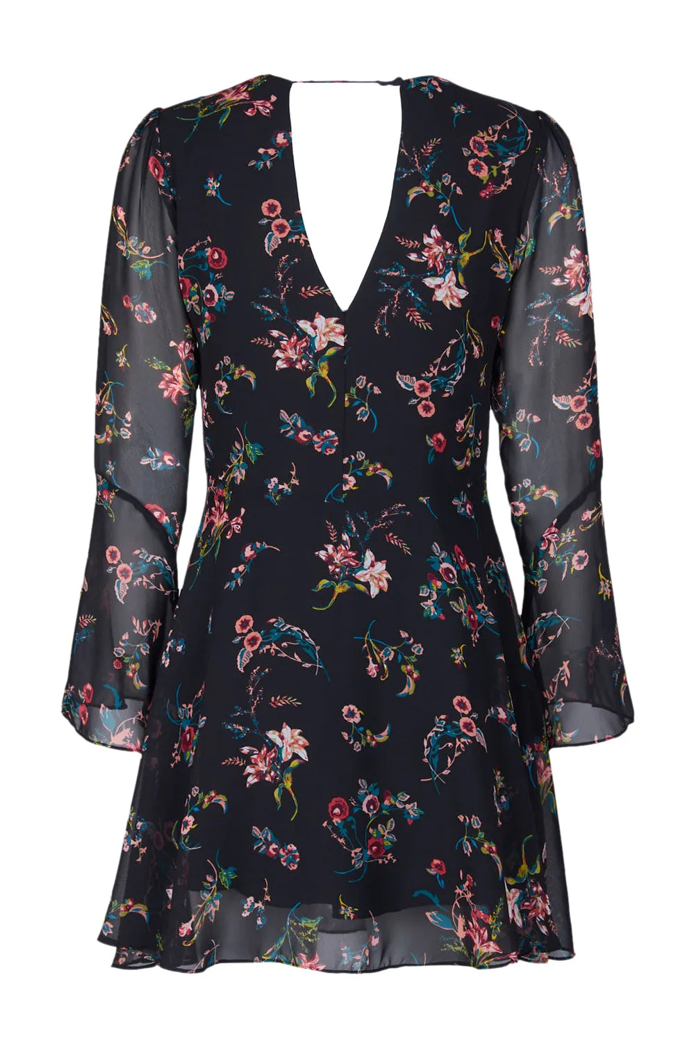 Sam Edelman String Neck Long Sleeve A-Line Floral Print Chiffon Dress