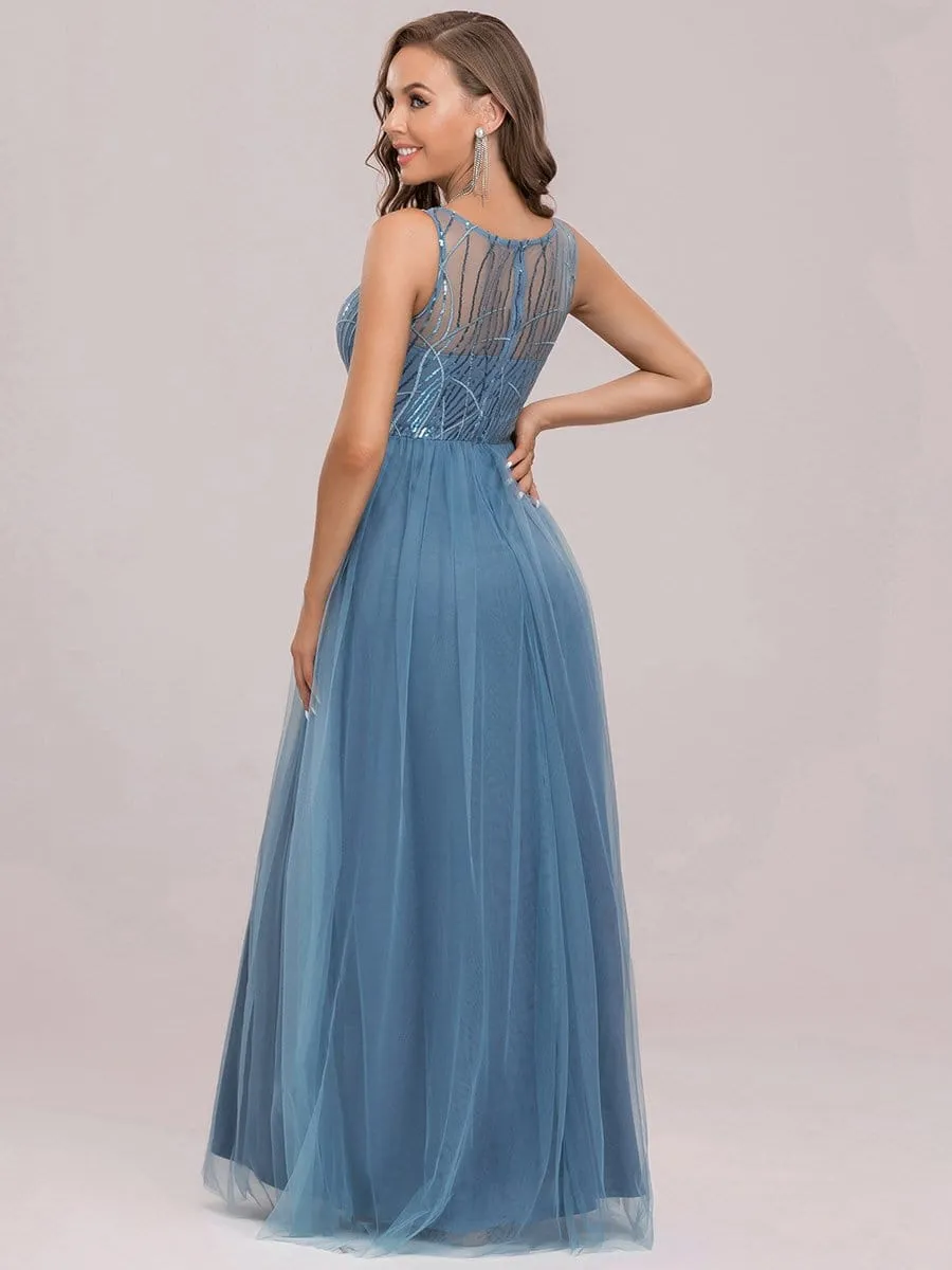 See-Through Lace Sleeveless Floor Length Evening Dress