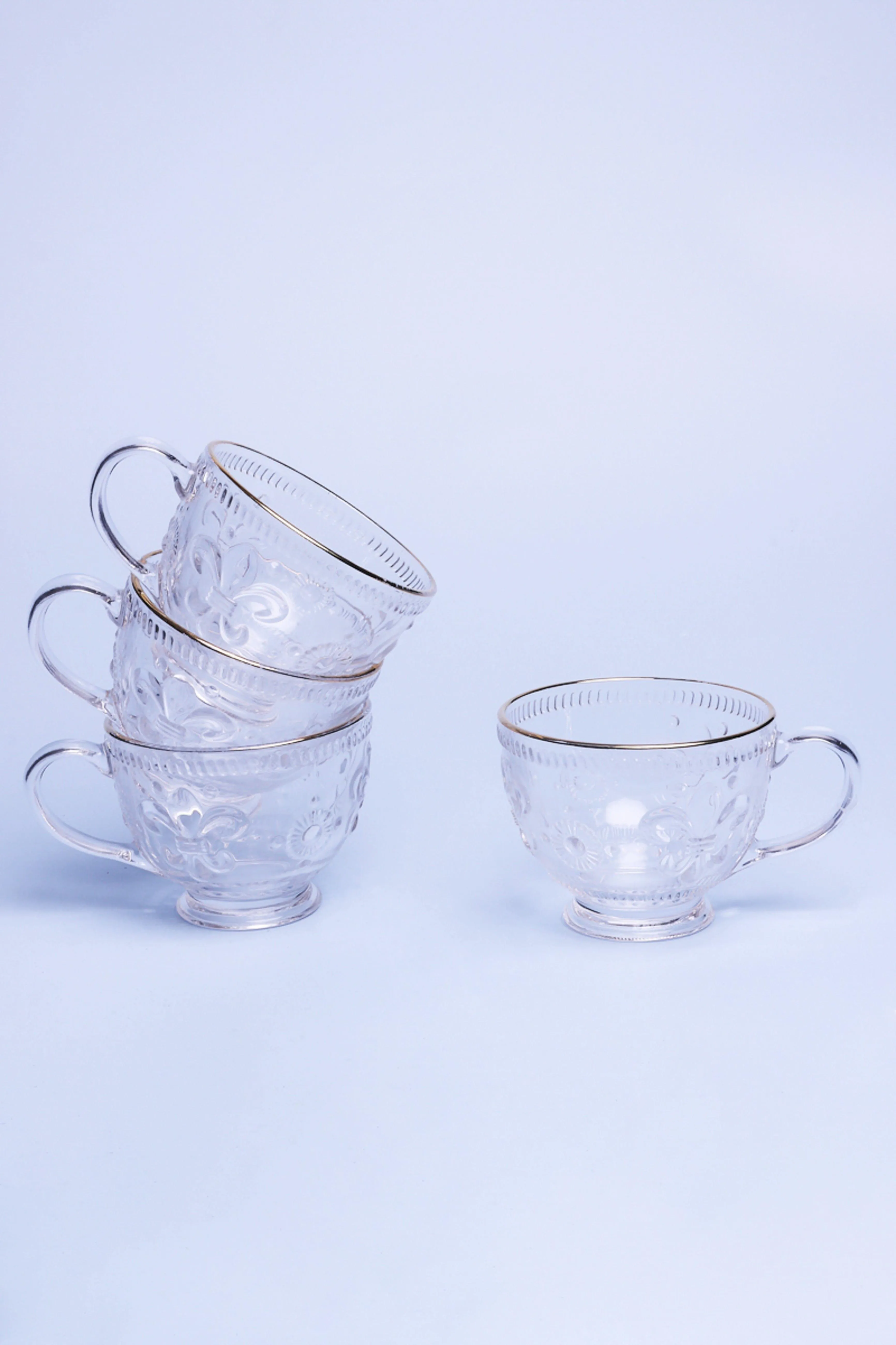 Set Of Four Marcelle Clear Transparent Glass with Gold Rim Textured XL Mugs