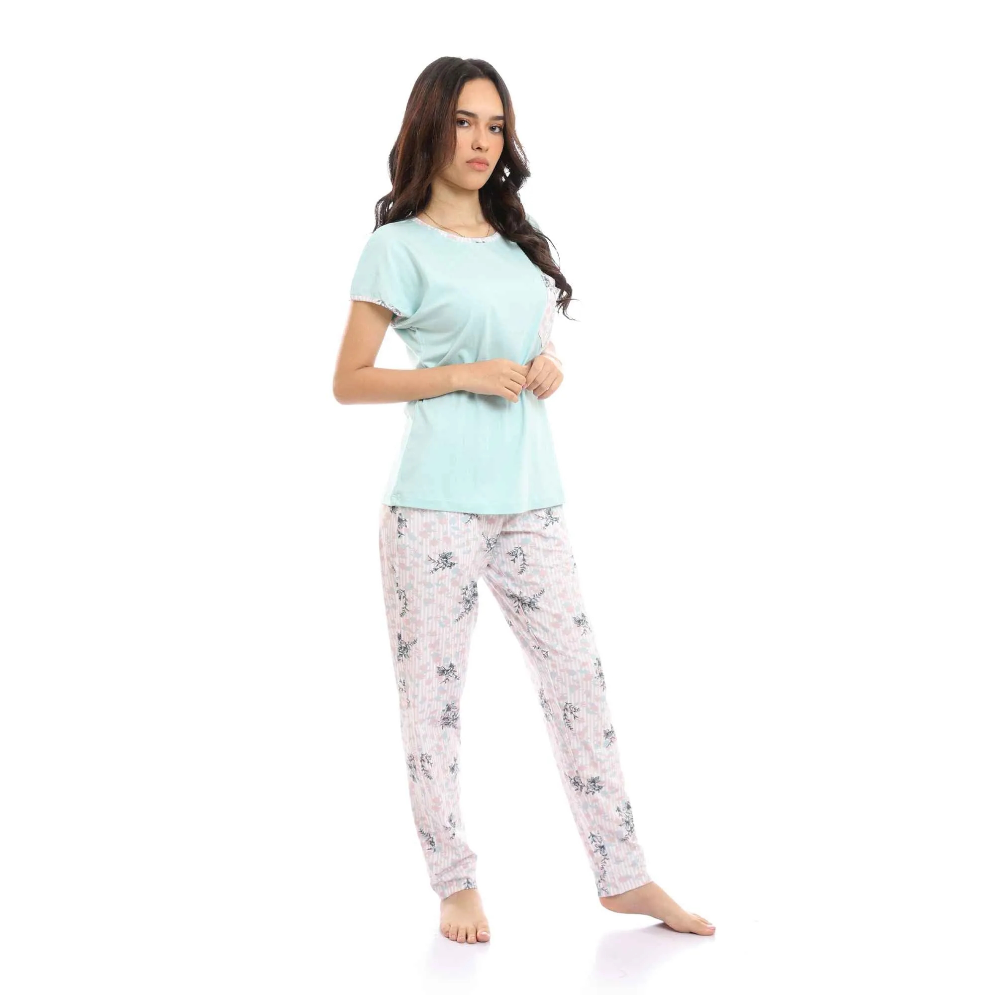 Short Sleeves Tee & Patterned Pants Pajama Set - Pastel Mint & Rose