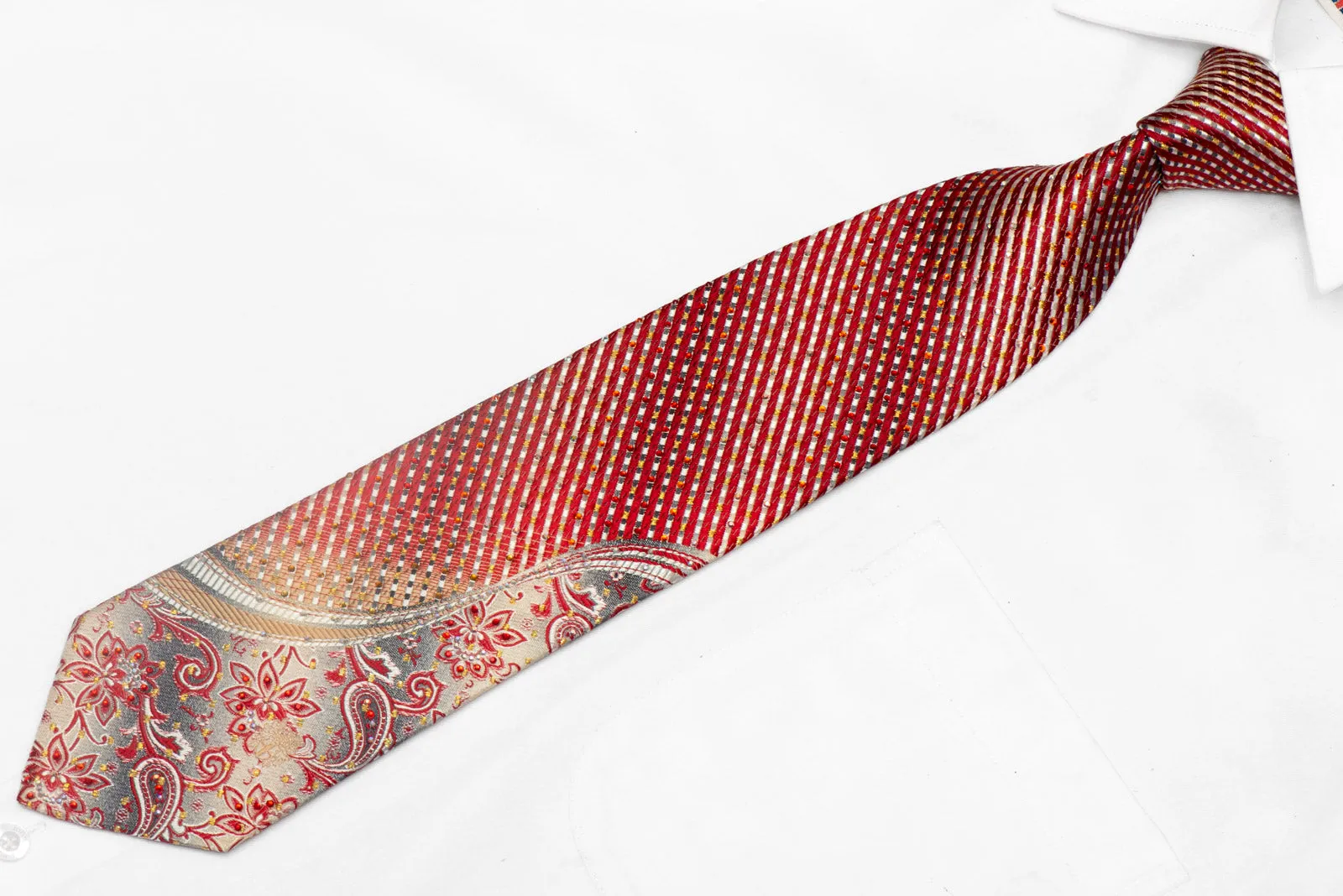 Silver Burgundy Striped Rhinestone Silk Necktie With Silver Sparkles