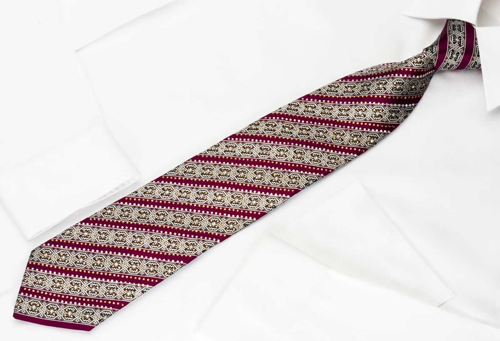 Silver Striped Geometric On Burgundy With Crystal Rhinestone