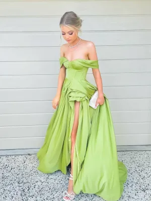 Simple green off shoulder satin long prom dress, green evening dress