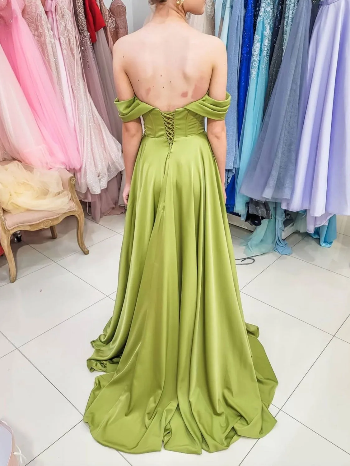 Simple green off shoulder satin long prom dress, green evening dress