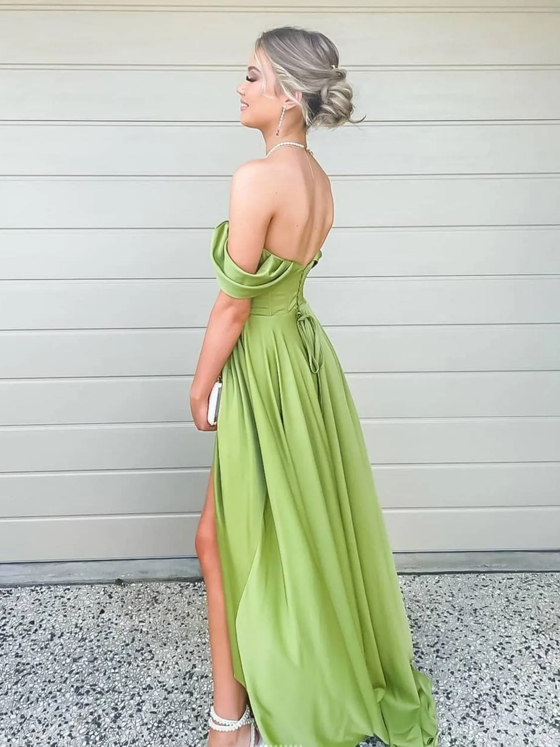 Simple green off shoulder satin long prom dress, green evening dress