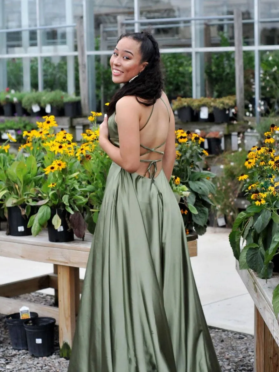 Simple green satin long prom dress, green evening dress