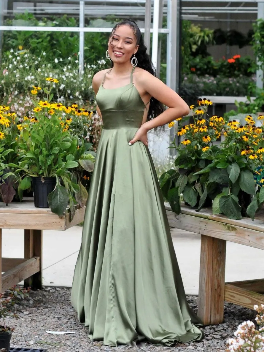 Simple green satin long prom dress, green evening dress