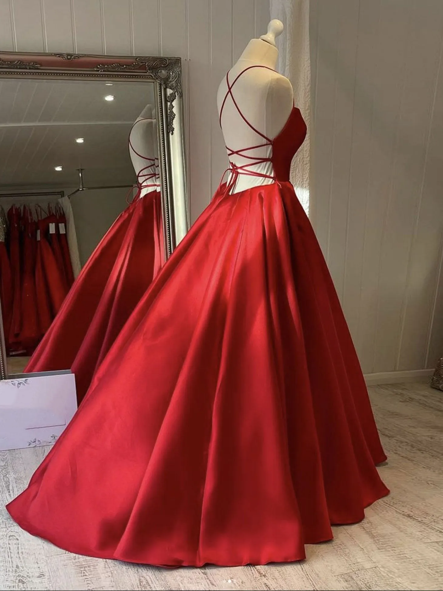 Simple red satin long prom dress, red evening dress