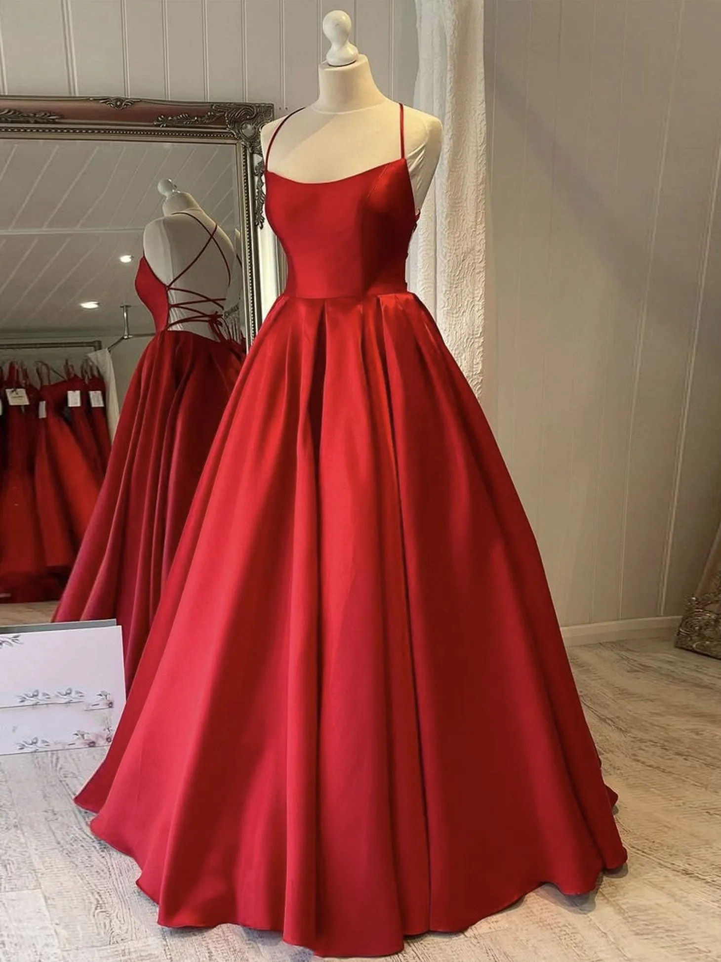 Simple red satin long prom dress, red evening dress