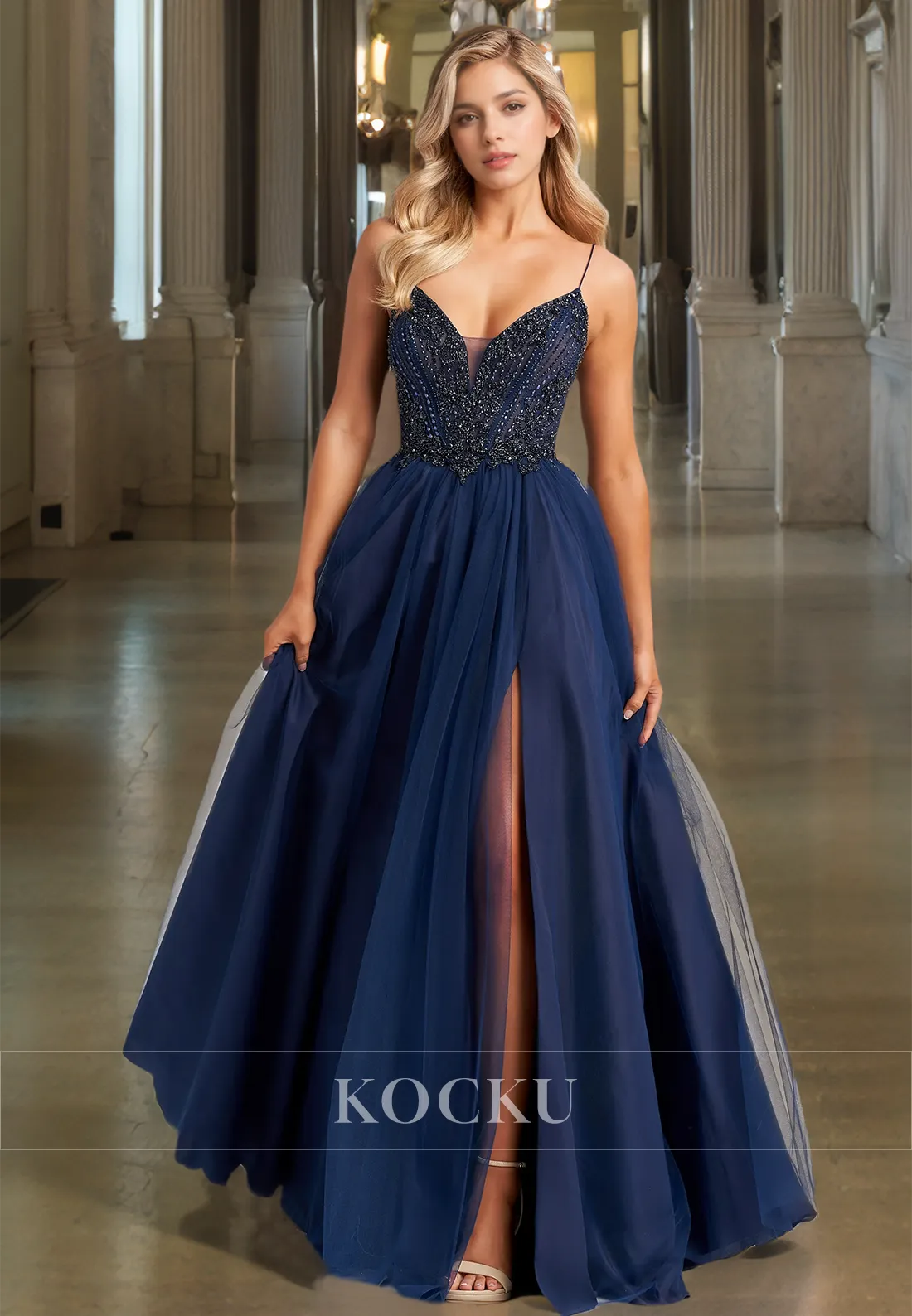 Spaghetti Straps A-Line V-Neck Sleeveless Floor-Length Pleats Lace Prom Dress with Beads Party Dress