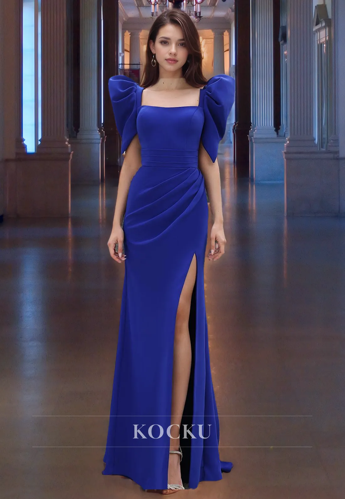 Square Neck Sheath Short Sleeves Pleated Satin Floor-Length Prom Dress with Slit Formal Gowns