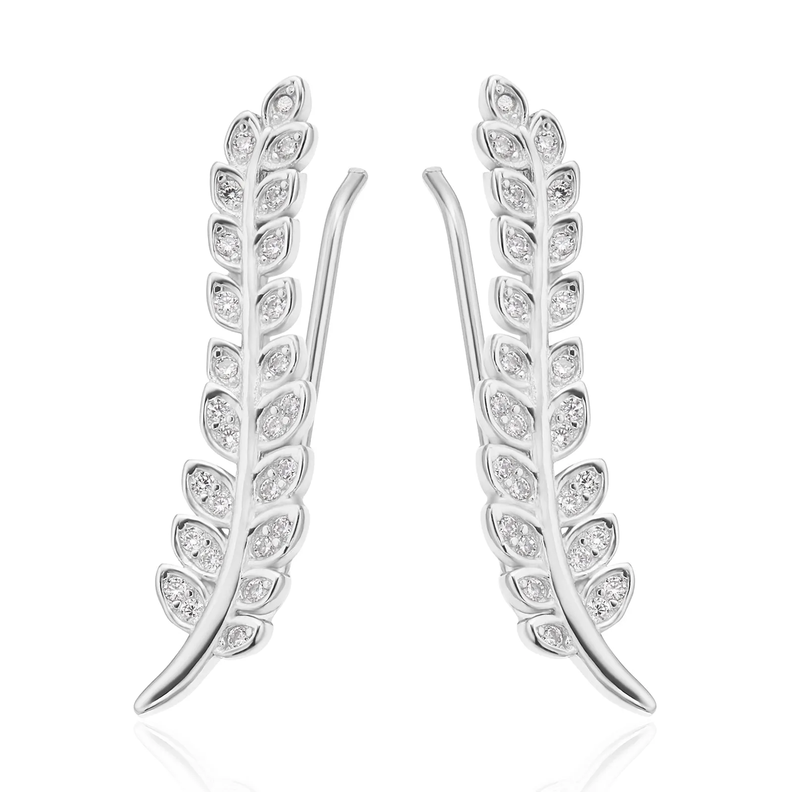 Sterling Silver with Round White Cubic Zirconia Leaf Drop Earrings