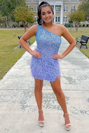 Stylish One Shoulder Blue Sequins Short Homecoming Dress with Feather