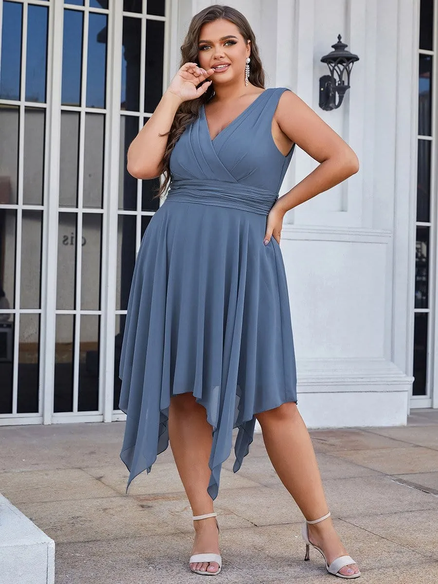 Stylish V Neck Ruched Asymmetrical Hems Midi Chiffon Bridesmaid Dress