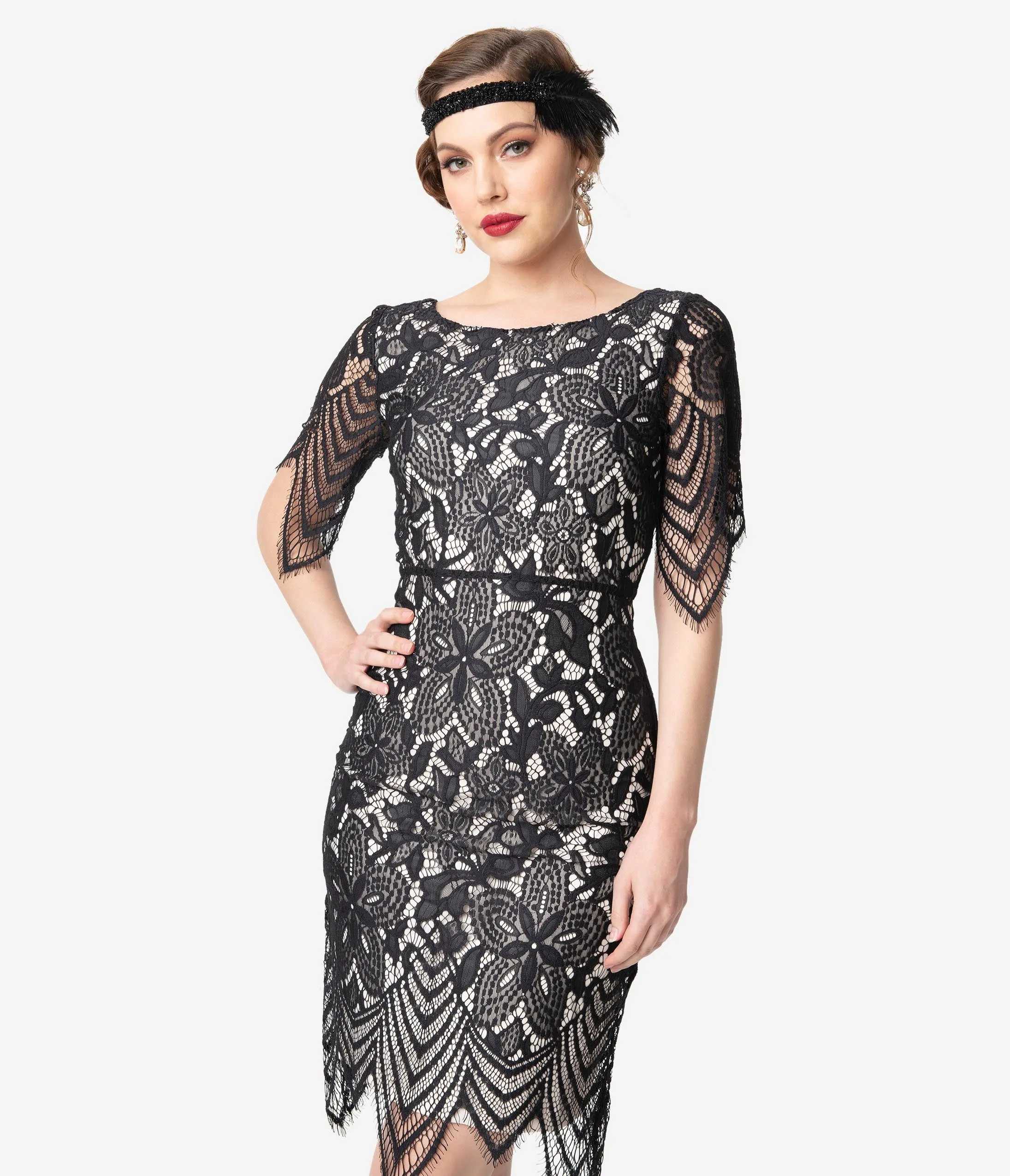 Unique Vintage 1920s Black Lace Short Sleeve Linette Cocktail Dress