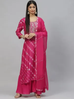 Women Dark Pink Pure Rassion Chenderi Kurta Sharara Set With Dupatta