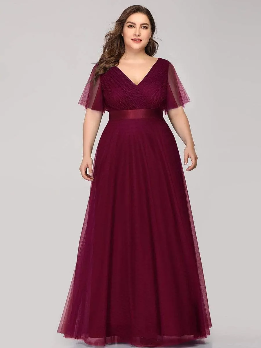 Women's Floor-Length Plus Size Bridesmaid Dress with Short Sleeve