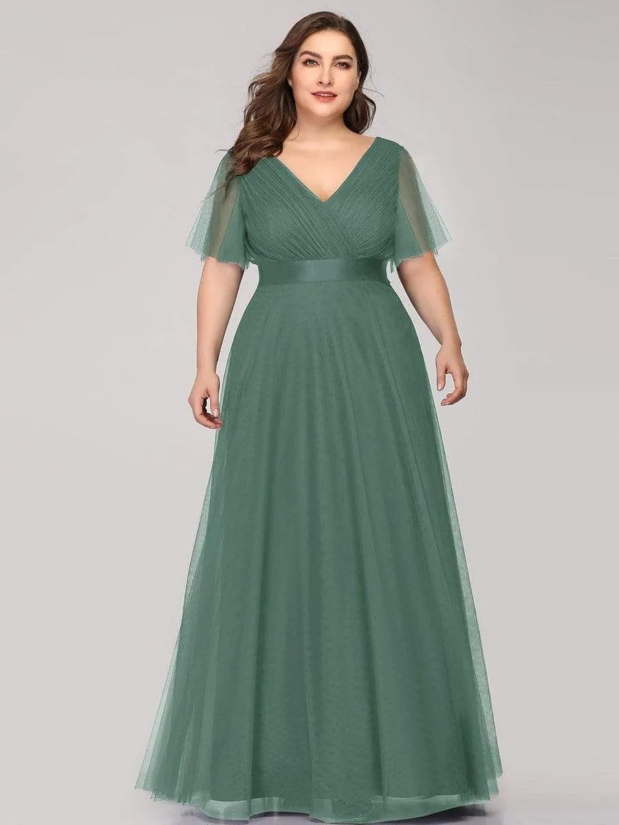 Women's Floor-Length Plus Size Bridesmaid Dress with Short Sleeve