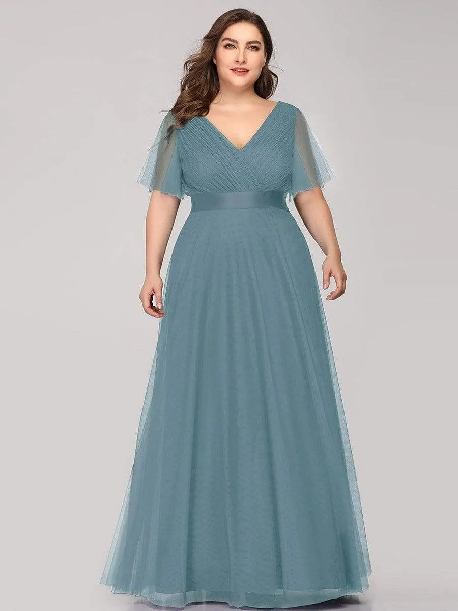 Women's Floor-Length Plus Size Bridesmaid Dress with Short Sleeve