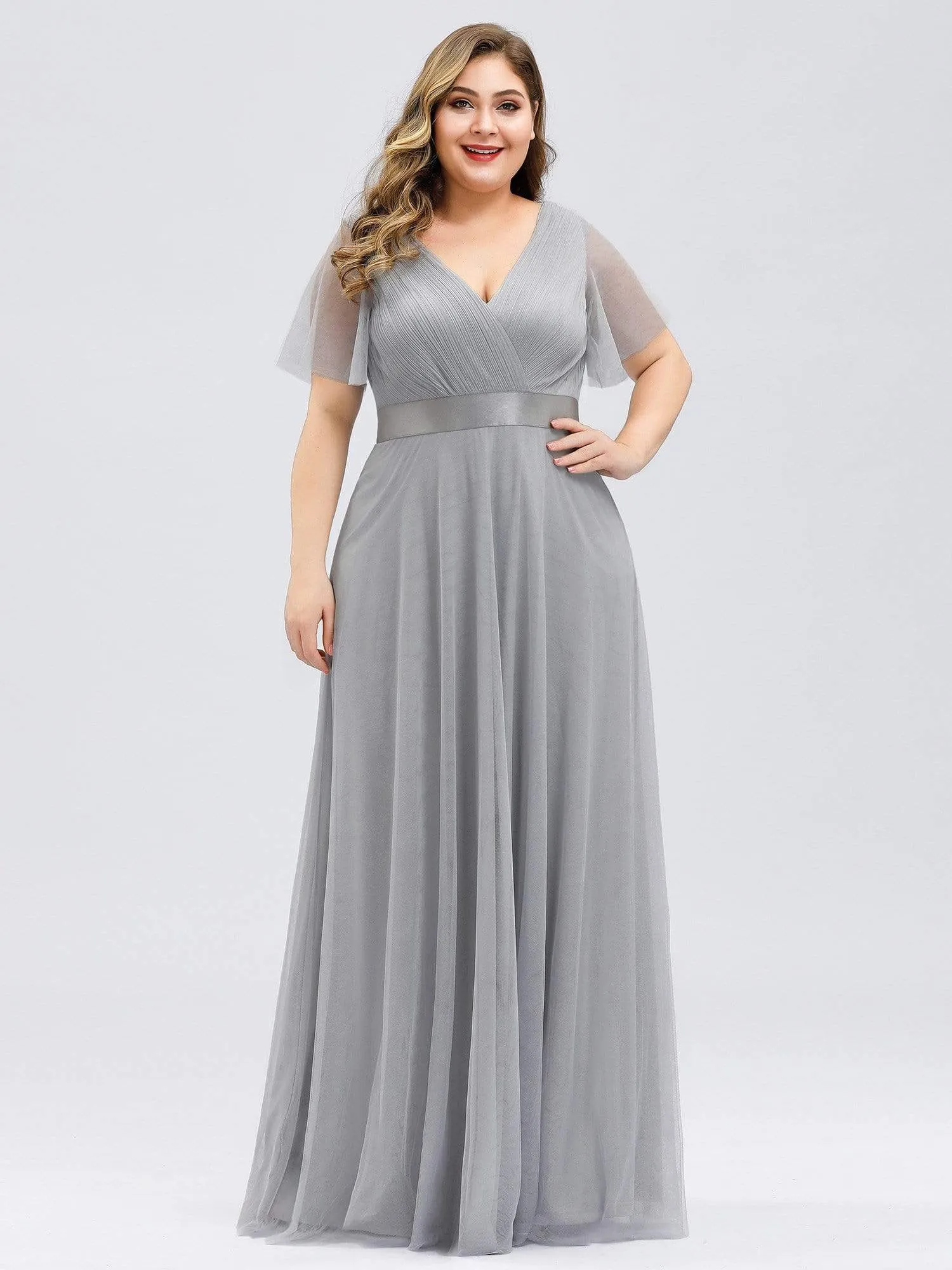 Women's Floor-Length Plus Size Bridesmaid Dress with Short Sleeve