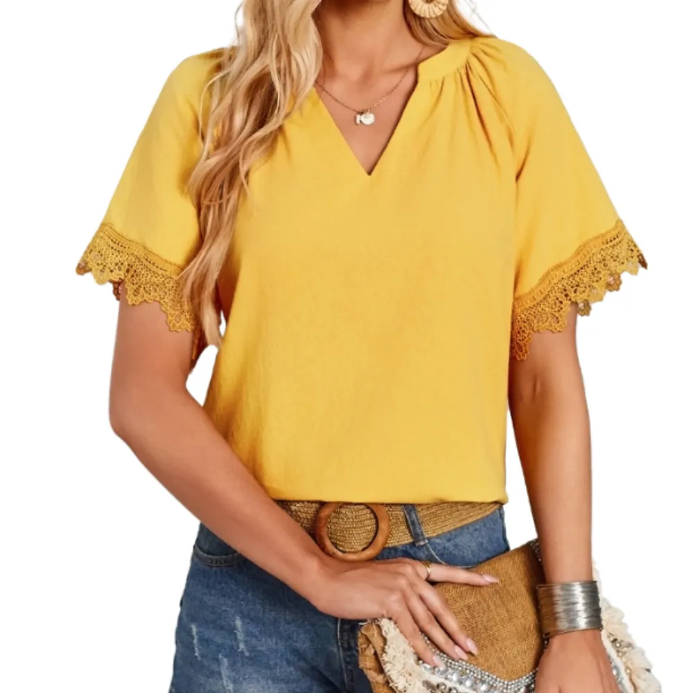 Womens V Neck Short Sleeve Top with Lace Details