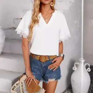 Womens V Neck Short Sleeve Top with Lace Details