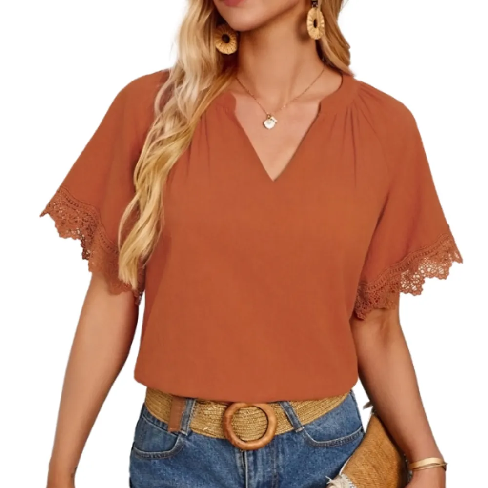 Womens V Neck Short Sleeve Top with Lace Details